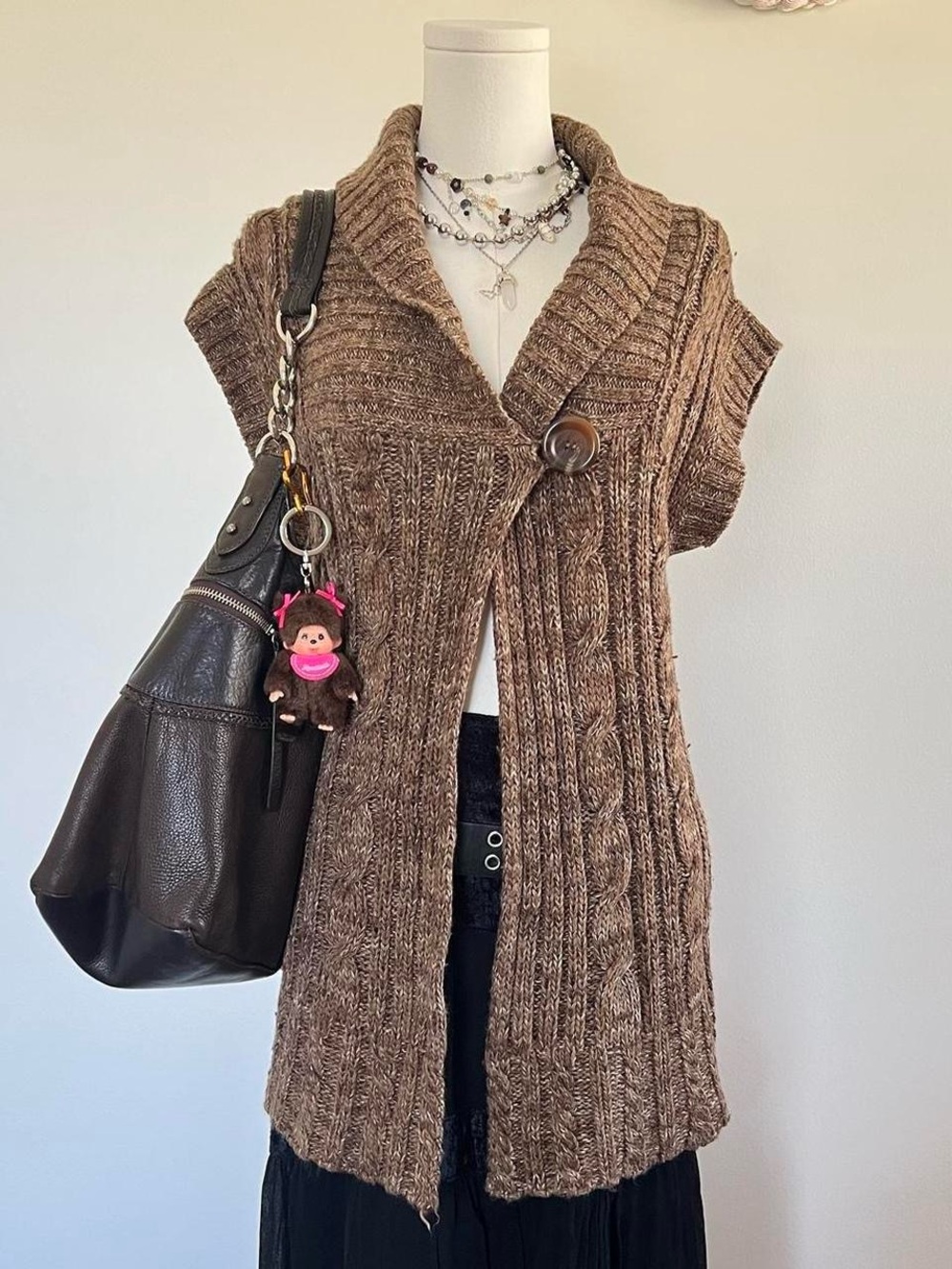 Willi Smith Brown Cable Knit Sleeveless Cardigan